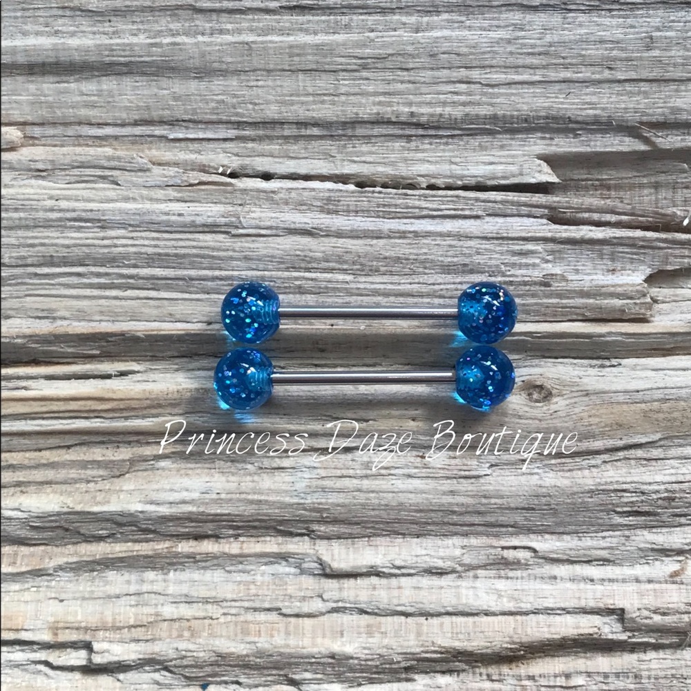 Sky Blue Glitter Sparkle Nipple‎ Ring Set